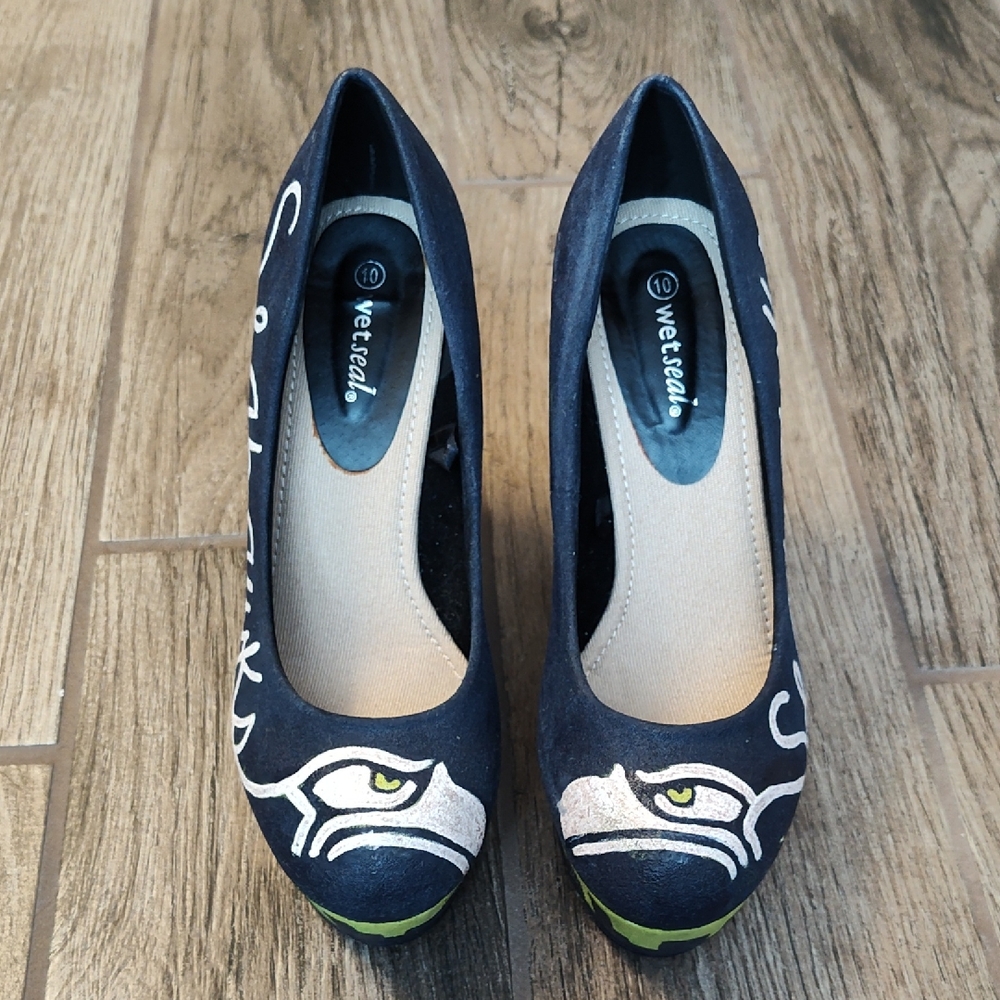Hand Painted Seahawks Blue Wedged Heel Women's Size 10